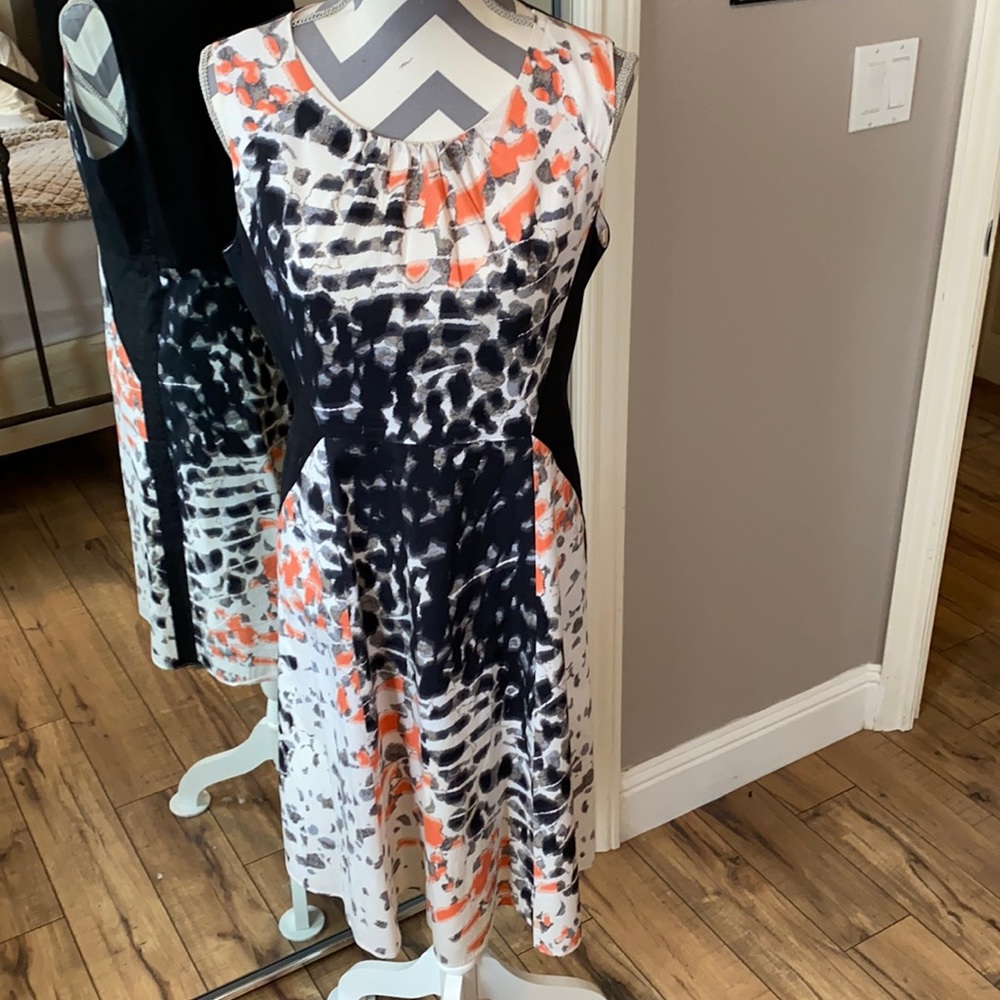 Tahari size 10, black, white dress with orange accents